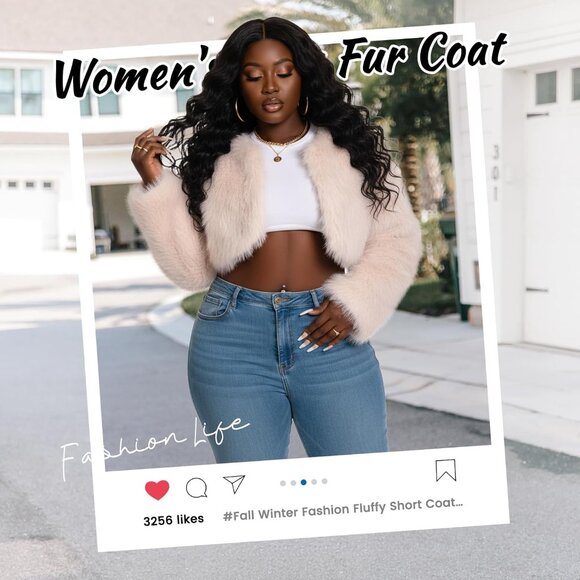 Women Apricot Cropped Fur Coat for Faux Furry Long Sleeve Cropped Fluffy Jacket - Picture 3 of 6